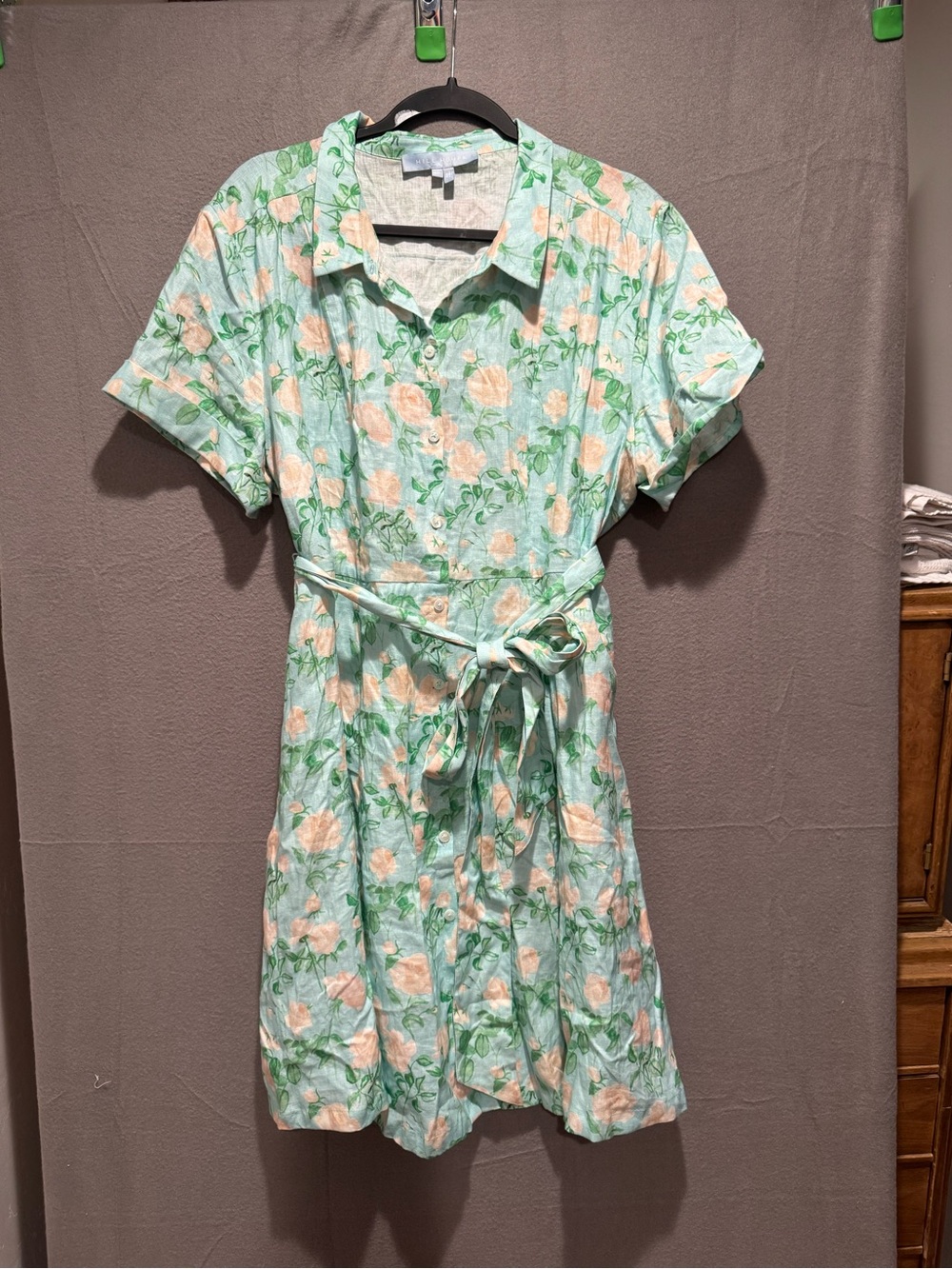 Hill House Laura Pastel Green Floral Linen Tie-Waist Midi Dress